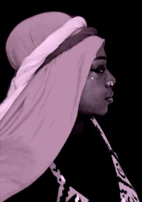 a black and white photo of a woman wearing a pink head scarf
